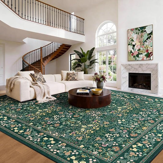 AMADA HOMEFURNISHING 8x10 Washable Area Rugs for Living Room, Non-Slip & Low-Profile Floral Large Area Rug with Durable Edge Binding, Soft Rugs for Living Room, Bedroom, Dining Room
