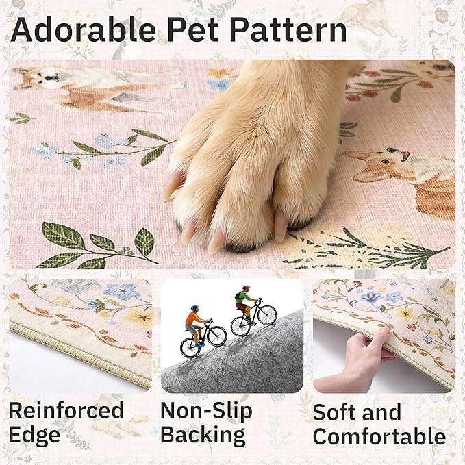 Soalmost Dog 9x12 Pink Area Rugs for Baby Girl Nursery, Washable Animal Floral Vintage Rug Non-Slip Low Pile Soft Throw Rugs for Living Room Dining Room Bedroom Playroom Classroom (9 x 12,Pink)