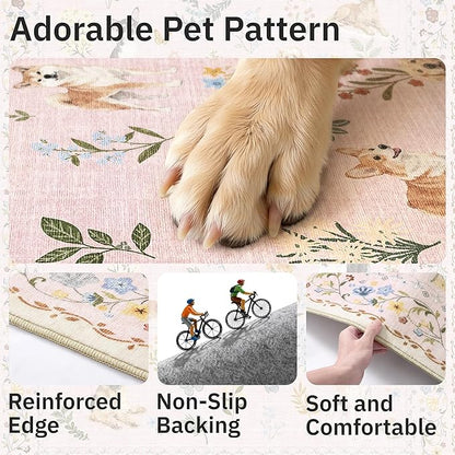 Soalmost Dog 8x10 Pink Area Rugs for Baby Girl Nursery, Washable Animal Floral Vintage Rug Non-Slip Low Pile Soft Throw Rugs for Living Room Dining Room Bedroom Playroom Classroom (8 x 10,Pink)