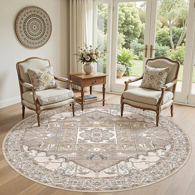8ft Round Rug for Living Room: 8x8 Washable Vintage Brown Area Rug, Large Non Slip Soft Stain Resistant Indoor Floor Carpet for Bedroom Dining Decor Home Office Kid & Pet Friendly