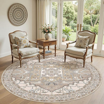 8ft Round Rug for Living Room: 8x8 Washable Vintage Brown Area Rug, Large Non Slip Soft Stain Resistant Indoor Floor Carpet for Bedroom Dining Decor Home Office Kid & Pet Friendly