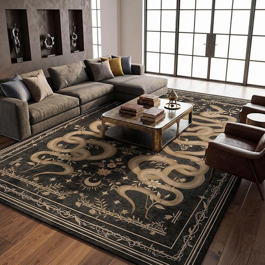 Garvee Snake Gothic 8x10 Area Rug Dark Whimsical Moody Witchy Unique Soft Thin Large Carpet for Living Room Bedroom Dining Room Playroom Indoor Decor Low Pile TPE Backing Black Gray