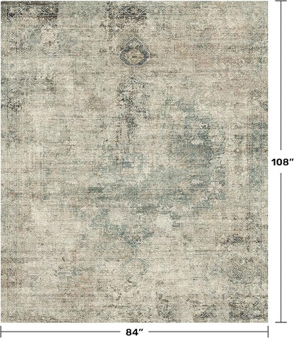 Moss Green Area Rug for Living Room – Washable 7x9 Rustic Farmhouse Carpet for Dining Room, Bedroom Under Bed, Non-Slip with Rubber Backing & Stain Resistant, Medallion Abstract Design