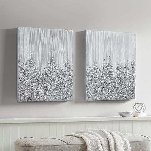 Madison Park Wall Art Living Room Decor-Embellished Hand Painted Metallic Canvas, Home Accent Glitter Abstract Bathroom Decoration Ready to Hang Bedroom Painting, 22" x 28", Silver, 2 Piece Set