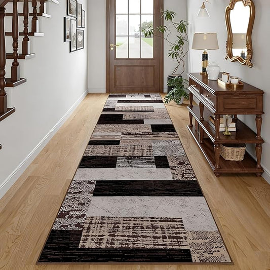 FlyDOIT Modern Geometric Patchwork Area Rug, 2.7x8 Chocolate Runner Rugs for Living Room, Rockwood Collection Indoor Rugs for Bedroom, Throw Carpet Floor Decor for Entryway Dining Room Office Nursery