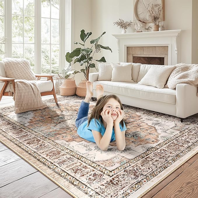BESTSWEETIE 8x10 Area Rug Washable Rugs for Living Room, No Pile Boho Carpet for Entryway Bedroom Dinning Room, Vintage Carpet Print Distressed Non-Slip, 8 x 10 ft, Orange Pink Brown Earth Tones