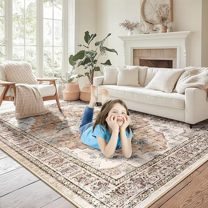 BESTSWEETIE 6x9 Area Rug Washable Rugs for Living Room, No Pile Boho Carpet for Entryway Bedroom Dinning Room, Vintage Carpet Print Distressed Non-Slip, 6 x 9 ft, Orange Pink Brown Earth Tones