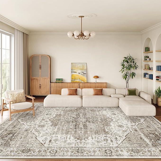 8x10 Area Rugs for Living Room, Machine Washable Non Slip Vintage Rug, Non-Slip Stain Resistant, Large Soft Home Decor Rug for Bedroom Dining Room (Brown,8'x10')