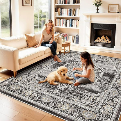 7x7 Area Rug Washable Living Room Rugs: 7ft Square Ultra Thin Soft Oriental Area Rugs Non-Slip Backing Farmhouse Rug Low Pile Thin Stain Resistant Indoor Carpets, 7' x 7' Black