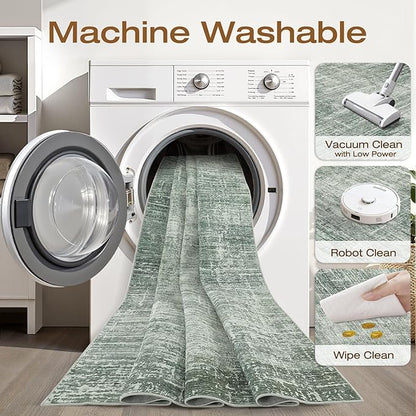 8x10 Area Rugs Living Room: Washable Large Neutral Rug Abstract Soft Modern Stain Resistant Indoor Floor Non-Slip Carpet for Bedroom Nursery Kids Office Playroom Dining Room Under Table- Dark Green