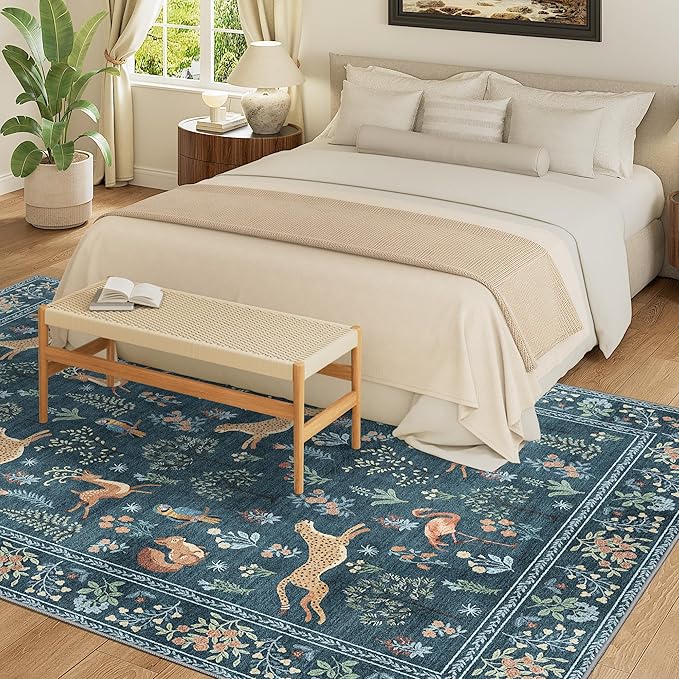 DUKINO 6x9 Rug, Washable Animal Living Room Rug with Non Slip Vintage Design, Soft Low Pile Large Carpet for Bedroom, Nursery, Dining Room, Farmhouse, Playroom, Blue