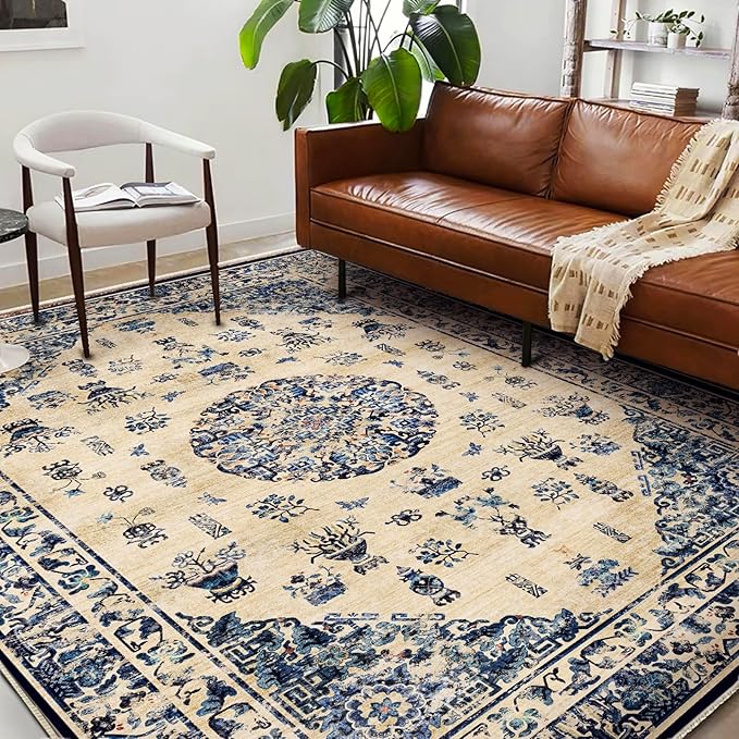 CHAMPLANT Washable Area Rug 8'x10' Retro Boho Design Non-Shedding Non-Slip Easy Care Ideal for High Traffic Areas in Living Room Bedroom Office Coffee Table Kitchen Large Carpet