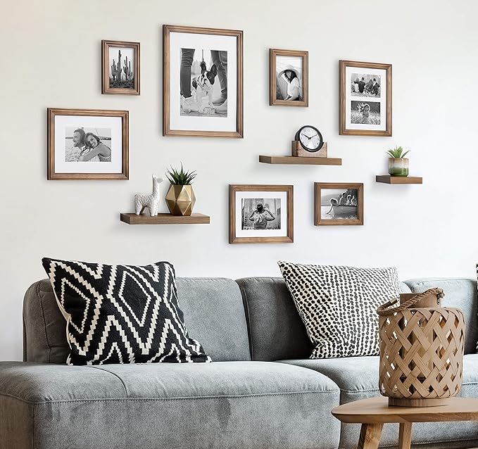 Kate and Laurel Bordeaux Gallery Wall Frame and Shelf Kit, Set of 10, Natural, Assorted Size Frames with Wood Finish and Three Display Shelves Included