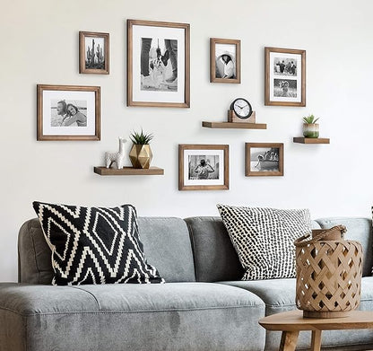 Kate and Laurel Bordeaux Gallery Wall Frame and Shelf Kit, Set of 10, Natural, Assorted Size Frames with Wood Finish and Three Display Shelves Included