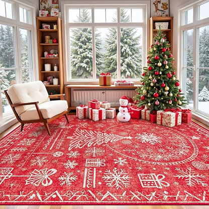 Christmas Area Rug for Living Room 6x9: Large Washable Xmas Rugs Boho Moroccan Holiday Rug Soft Non Slip Carpet for Bedroom Dining Table Home(Xmas Red, 6'X9')