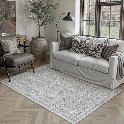 PureCozy Gray 3x5 Area Rug Entryway Washable Vintage Carpet Office Small Indoor Non Slip Soft Low Pile Thin Stain Resistant Distressed Accent Throw Rug for Entrance Bedroom Dining Living Room