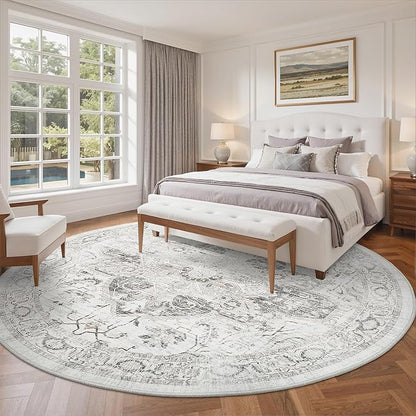 Washable 8ft Round Area Rug - Vintage Large Non-Slip Circle Rugs for Living Room, Low-Pile Stain Resistant Round Indoor Carpet for Bedroom Dining Room Ivory/Gray
