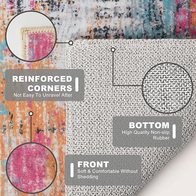 KILOCOCO Abstract Small Area Rug 2x3 Entryway Rug Washable Kitchen Rugs Door Mat Indoor Entrance Soft Pinted Non Slip Throw Rugs for Front Door Foyer Farmhouse Floor Mats, Pink/Orange/Blue