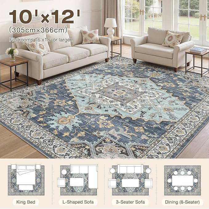 10x12 Washable Area Rugs for Living Room: Non Slip Vintage Blue Yellow Rug, Large Soft Stain Resistant Indoor Floor Carpets for Bedroom Dining Room Nursery Home Office Kid & Pet Friendly