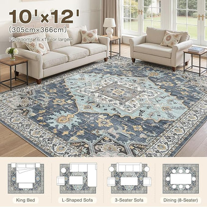 10x12 Washable Area Rugs for Living Room: Non Slip Vintage Blue Yellow Rug, Large Soft Stain Resistant Indoor Floor Carpets for Bedroom Dining Room Nursery Home Office Kid & Pet Friendly