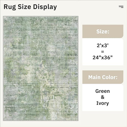 Soalmost 2x3 Abstract Washable Rugs for Kitchen, Floor, Entryway, Powder Room Small Area Rug Non-Slip Vintage Low Pile Throw Door Mat Green Ivory