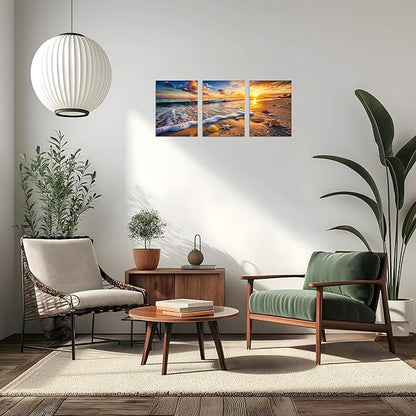 TutuBeer 3 Panels Beach Picture Beach Wall Art Blue Sea Sunset with Starfish Ocean Canvas Painting Sea Artwork for Walls Seascape the Pictures for Home Decor Wall Decor Ready to Hang 12x24inchx3