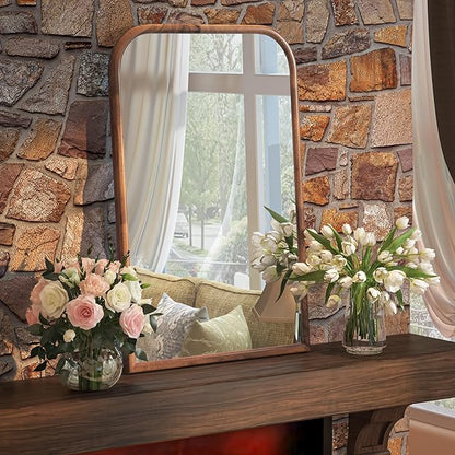 24"x36" Arch Wall Mirror Bathroom Mirror for Wall Mounted, Tempered Glass, Wood Grain Finish Frame Wall Mirror Decorative for Living Room Bedroom Entryway, Natural