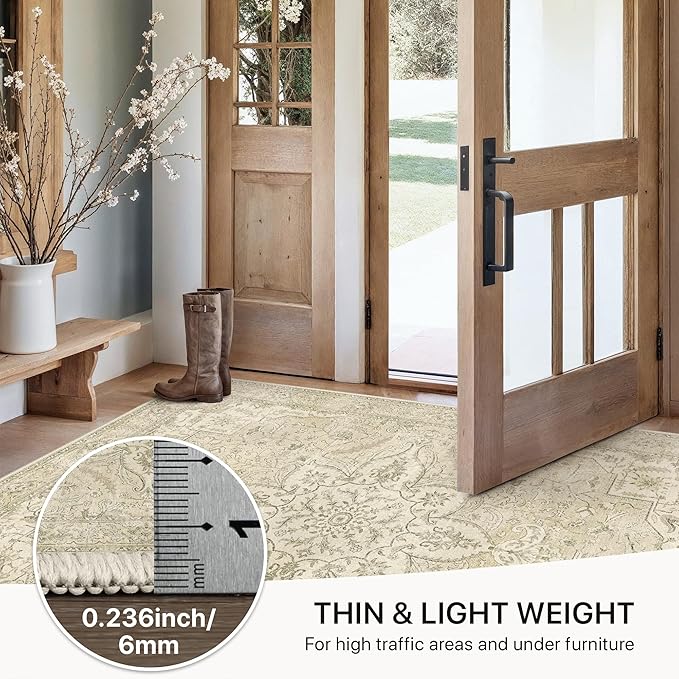 GENIMO 5X7 Washable Vintage Area Rugs for Living Room, Non-Slip Low Pile Chenille Print Rug, Soft Rugs for Bedroom Dining Room Home Office, Linen & Taupe