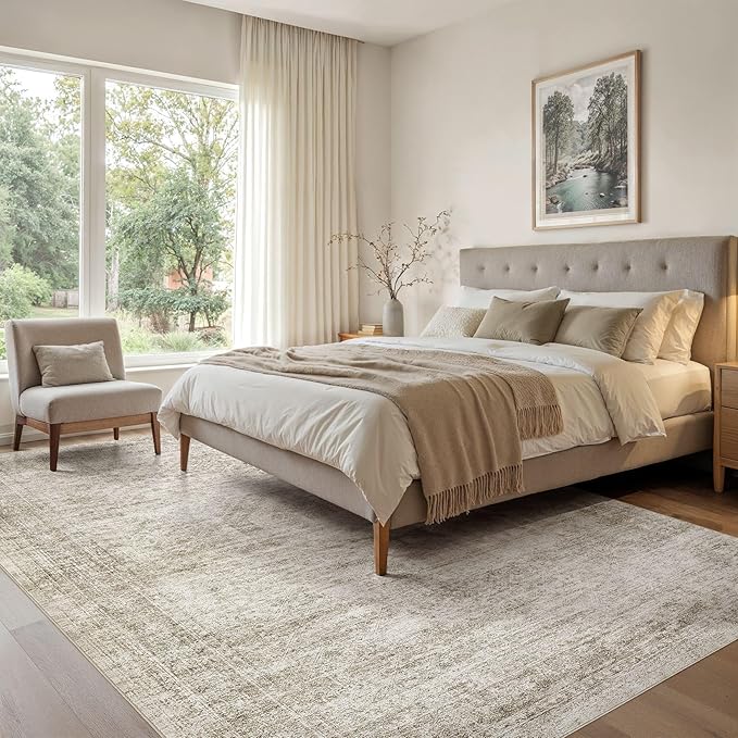 EIEIHOUSE Washable Area Rugs for Living Room -10x12 Neutral Vintage Distressed Floral Farmhouse Boho Large Soft Floor Rug Indoor Non Slip Carpet for Living Room Bedroom Dining Room Office - Beige