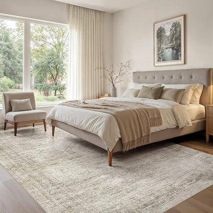 EIEIHOUSE Washable Area Rugs for Living Room -10x12 Neutral Vintage Distressed Floral Farmhouse Boho Large Soft Floor Rug Indoor Non Slip Carpet for Living Room Bedroom Dining Room Office - Beige