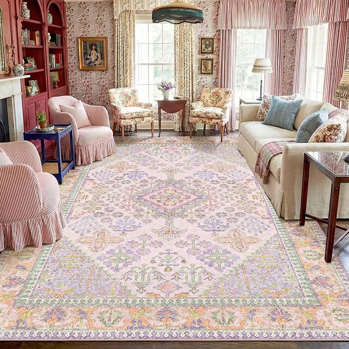 Kokia 9x12 Area Rugs for Living Room, Stain Resistant Machine Washable Rug, Non Slip Backing Boho Rugs for Bedroom, Printed Soft Vintage Carpet Lilac Lavender Purple 9 x 12