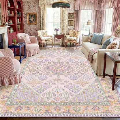 Kokia 9x12 Area Rugs for Living Room, Stain Resistant Machine Washable Rug, Non Slip Backing Boho Rugs for Bedroom, Printed Soft Vintage Carpet Lilac Lavender Purple 9 x 12