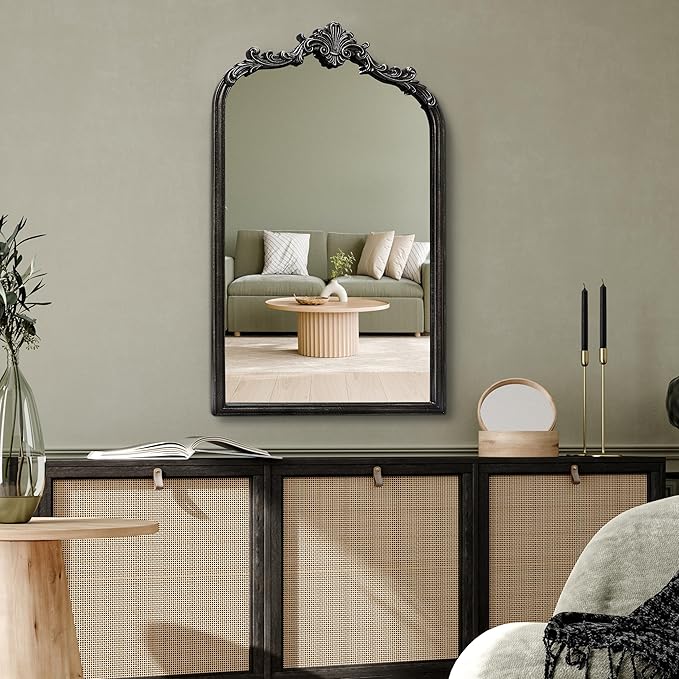 Wylde Iris English Estate Carved Arch Wood Wall Mirror, Mirror for Entryway, Living Room, Bathroom, Distressed Black, 20.4x33