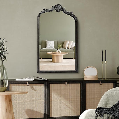 Wylde Iris English Estate Carved Arch Wood Wall Mirror, Mirror for Entryway, Living Room, Bathroom, Distressed Black, 20.4x33