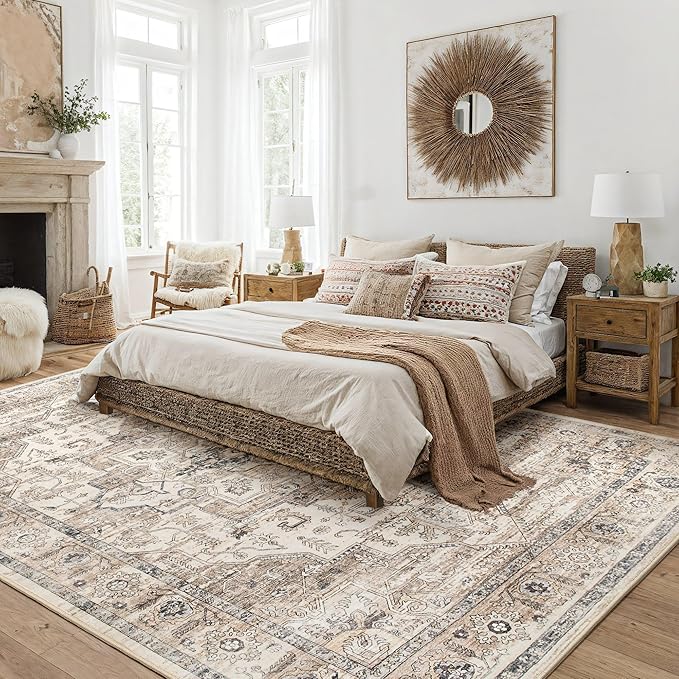 Area Rug 9x12 Washable Vintage - Soft Traditional Rugs for Living Room Large Non Slip Backing with Low Pile Farmhouse Oriental Retro Carpet for Bedroom Dining Room or Home Office - Tea Brown