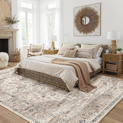Area Rug 9x12 Washable Vintage - Soft Traditional Rugs for Living Room Large Non Slip Backing with Low Pile Farmhouse Oriental Retro Carpet for Bedroom Dining Room or Home Office - Tea Brown