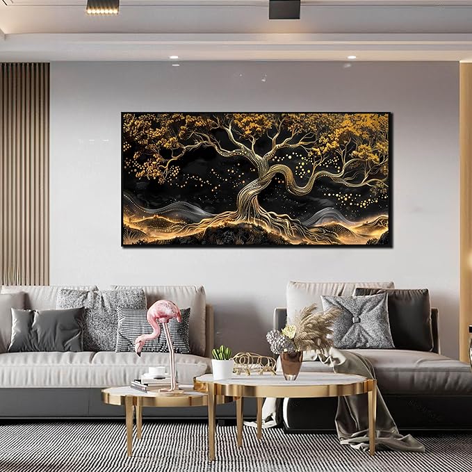 Gold Trees Pictures for Living Room - Modern Art Wall Decor for Office - Black Framed Wall Art Ready to Hang Size 24" x 48"