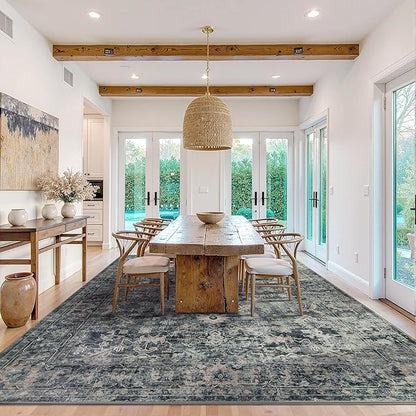 Rugxara 9x12 Area Rugs for Living Room Bedroom, Large Washable Rug, Blue Vintage Retro Boho Rug, Non Slip & Low Pile Faux Wool Thin Carpet for Indoor Dining Room and Kids Room(Blue 9x12ft)