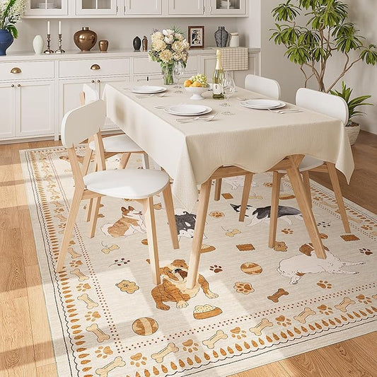 DUKINO 5x7 Rug for Living Room, Lightweight Animal Dog Print Washable Area Rug, Non Slip & Low Pile Floor Mat, Stain Resistant Carpet for Bedroom, Nursery, Dining Room, Kids Playroom, Beige Yellow