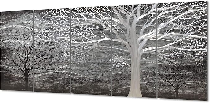 Yihui Arts Tree Metal Wall Art For Living Room Black Grey Silver Color Pictuers For Decor