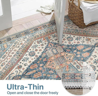 Bavni Washable Rug 8x10 Area Rug for Living Room Bedroom Dining, Washable Vintage Print Carpet, Ultra-Thin Chenille Low Pile Lightweight Rug with Non Slip Backing, Blue/Orange