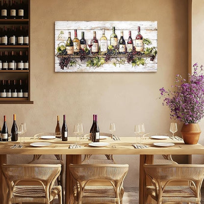 crmotu Wine Bottle Still Life Wall Art, Vintage Kitchen Large Canvas Paintings, Rustic Dining Room Artwork for Walls, Modern Pictures Wall Decor for Home Bar Wine Tasting Room Art Prints 24x48inch