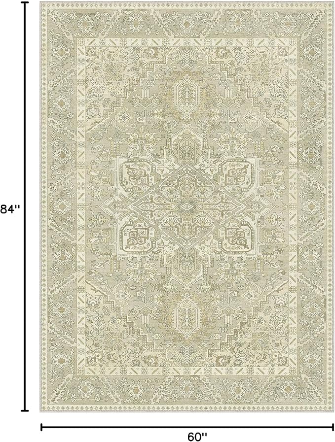 5x7 Area Rug Machine Washable Boho Rug for Living Room,Ultra-Thin Low Pile Carpet,Lightweight Indoor Printed Rug,Non Slip Floral Area Rug for Bedroom, Dining Room, Home Office,Taupe