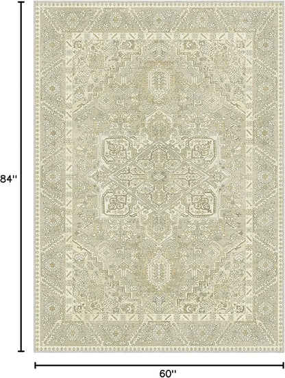 5x7 Area Rug Machine Washable Boho Rug for Living Room,Ultra-Thin Low Pile Carpet,Lightweight Indoor Printed Rug,Non Slip Floral Area Rug for Bedroom, Dining Room, Home Office,Taupe