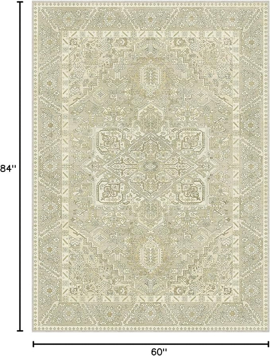5x7 Area Rug Machine Washable Boho Rug for Living Room,Ultra-Thin Low Pile Carpet,Lightweight Indoor Printed Rug,Non Slip Floral Area Rug for Bedroom, Dining Room, Home Office,Taupe