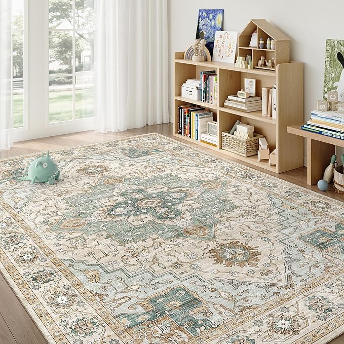 5x7 Area Rug for Living Room, Non Slip Vintage Machine Washable Rug, Foldable Stain Resistant Large Area Rugs for Bedroom, Soft Indoor Boho Carpet for Home Decor (Green/Beige, 5'x7')