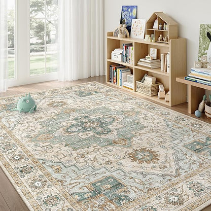 6x9 Area Rugs for Living Room, Machine Washable Non Slip Vintage Rug, Non-Slip Stain Resistant, Large Soft Home Decor Rug for Bedroom Dining Room (Green/Beige, 6'x9')