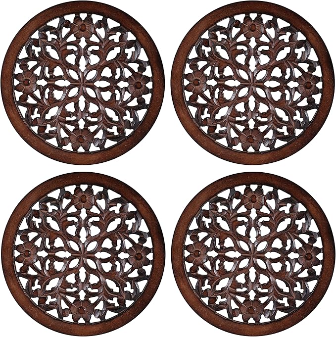 Woodify Hand-Carved Wooden Wall Décor – Set of 4, 12" x 12" Decorative Wood Panels, Floral Design, Natural Burnt Finish, Wall Art for Living Room & Home Décor