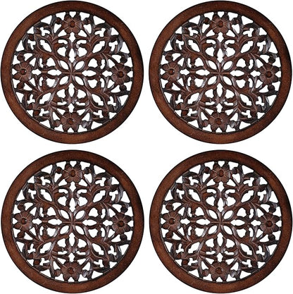 Woodify Hand-Carved Wooden Wall Décor – Set of 4, 12" x 12" Decorative Wood Panels, Floral Design, Natural Burnt Finish, Wall Art for Living Room & Home Décor