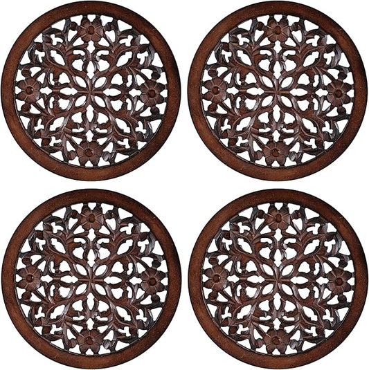 Woodify Hand-Carved Wooden Wall Décor – Set of 4, 12" x 12" Decorative Wood Panels, Floral Design, Natural Burnt Finish, Wall Art for Living Room & Home Décor